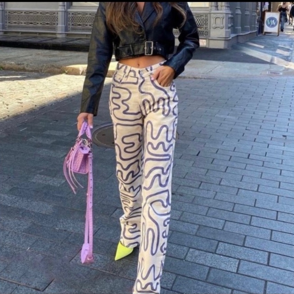 Zara Cream and Black Abstract Wide Leg Pants